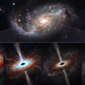 Representação artística da galáxia J0218-0036 com buraco negro supermassivo, ilustrando seu rápido escurecimento por falta de gás.