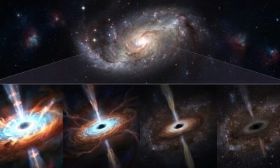 Representação artística da galáxia J0218-0036 com buraco negro supermassivo, ilustrando seu rápido escurecimento por falta de gás.