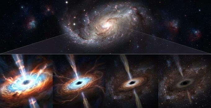 Representação artística da galáxia J0218-0036 com buraco negro supermassivo, ilustrando seu rápido escurecimento por falta de gás.