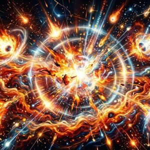 Representação artística de buracos negros primordiais explodindo no universo primordial, liberando energia e moldando a matéria.