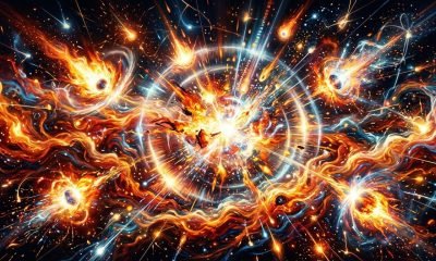 Representação artística de buracos negros primordiais explodindo no universo primordial, liberando energia e moldando a matéria.