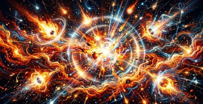 Representação artística de buracos negros primordiais explodindo no universo primordial, liberando energia e moldando a matéria.