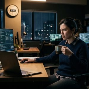 Mulher em escritório noturno com café, refletindo sobre cafeína noturna, impulsividade e riscos para mulheres.