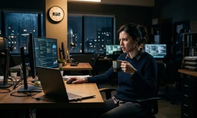 Mulher em escritório noturno com café, refletindo sobre cafeína noturna, impulsividade e riscos para mulheres.