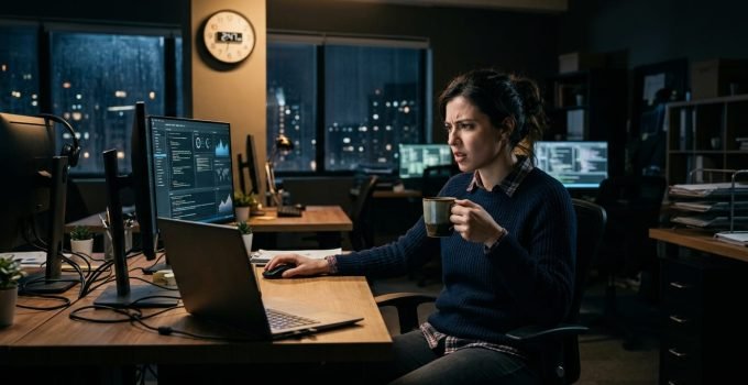 Mulher em escritório noturno com café, refletindo sobre cafeína noturna, impulsividade e riscos para mulheres.