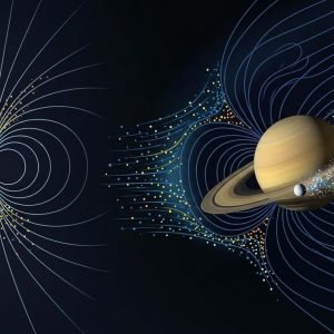 Ilustração do campo magnético de Saturno apresentando assimetria causada pela rotação rápida e plasma da lua Enceladus, em contraste com o campo magnético da Terra.