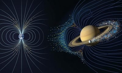 Ilustração do campo magnético de Saturno apresentando assimetria causada pela rotação rápida e plasma da lua Enceladus, em contraste com o campo magnético da Terra.