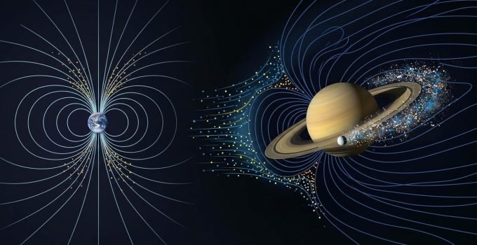 Ilustração do campo magnético de Saturno apresentando assimetria causada pela rotação rápida e plasma da lua Enceladus, em contraste com o campo magnético da Terra.