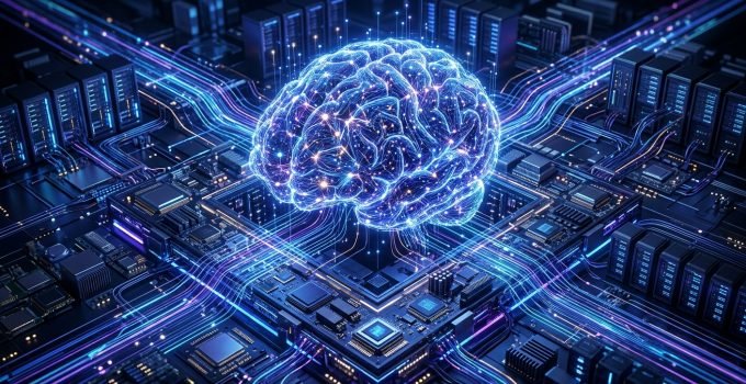 Visualização futurista de chips de computador interconectados, representando o conceito de Capital Computacional e a nova prioridade de investimento em tecnologia.