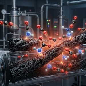 Fibras de carbono com grupos de nitrogênio adjacentes capturando CO2, ilustrando a inovação no processo de captura de carbono que exige menos calor.