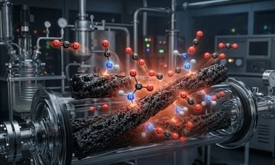 Fibras de carbono com grupos de nitrogênio adjacentes capturando CO2, ilustrando a inovação no processo de captura de carbono que exige menos calor.