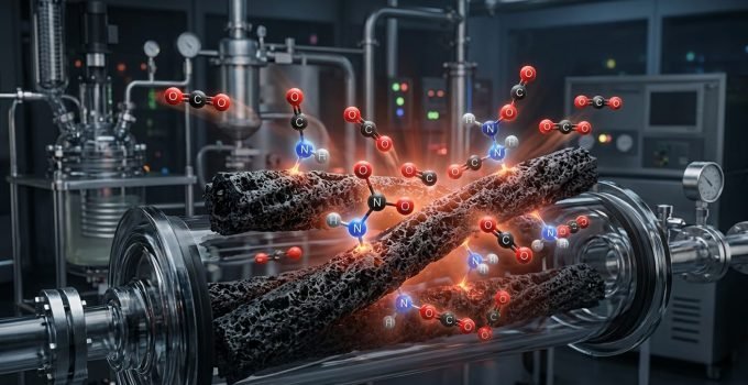 Fibras de carbono com grupos de nitrogênio adjacentes capturando CO2, ilustrando a inovação no processo de captura de carbono que exige menos calor.