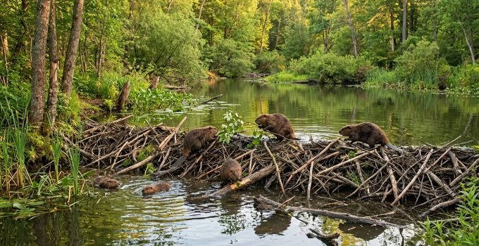 Castores ativos em um rio, construindo uma barragem em uma zona úmida exuberante, transformando o ambiente em um poderoso sumidouro de carbono natural e ajudand