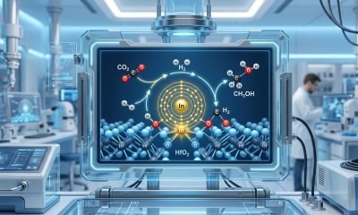 Diagrama estilizado de um catalisador de átomo único de índio em uma superfície, convertendo CO2 em metanol em um ambiente de laboratório futurista.