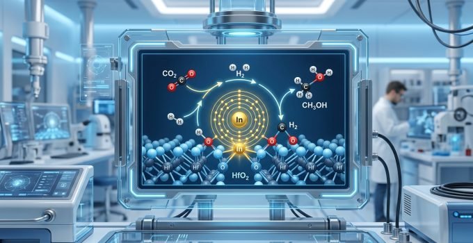 Diagrama estilizado de um catalisador de átomo único de índio em uma superfície, convertendo CO2 em metanol em um ambiente de laboratório futurista.