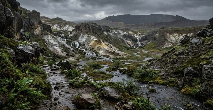Ilustração de chuvas tropicais em Marte, com água caindo sobre rochas de caulim na cratera Jezero, indicando um passado úmido e chuvoso.