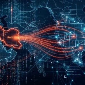 Ilustração de ciberataques iranianos com códigos digitais e mapa global, focando EUA e Israel na guerra híbrida.