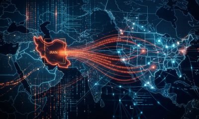 Ilustração de ciberataques iranianos com códigos digitais e mapa global, focando EUA e Israel na guerra híbrida.