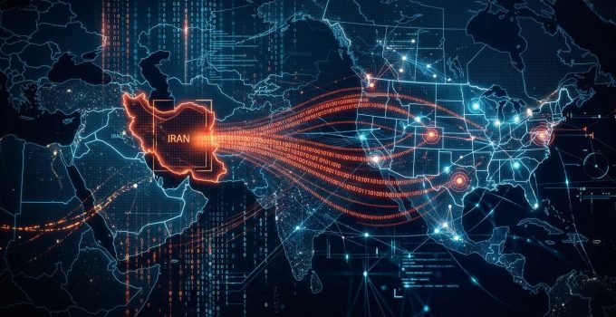 Ilustração de ciberataques iranianos com códigos digitais e mapa global, focando EUA e Israel na guerra híbrida.