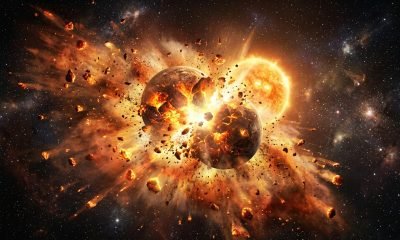 Ilustração artística de uma colisão de planetas em um sistema estelar distante, com nuvens de poeira e rochas incandescentes.