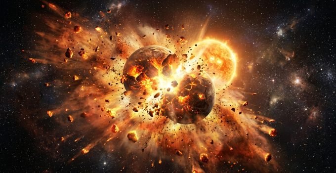 Ilustração artística de uma colisão de planetas em um sistema estelar distante, com nuvens de poeira e rochas incandescentes.