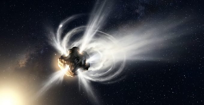 Conceito artístico do Cometa 41P, um cometa da família de Júpiter, com jatos de gás se desprendendo de sua superfície gelada enquanto se aproxima do Sol.
