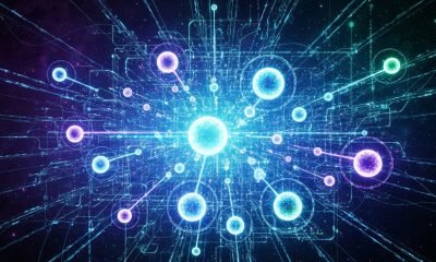 Uma representação visual abstrata e futurista de qubits interconectados e redes de dados luminosas, simbolizando os complexos princípios e o poder de processamento, explicando como a computação quântica funciona.