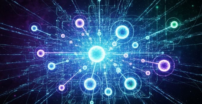 Uma representação visual abstrata e futurista de qubits interconectados e redes de dados luminosas, simbolizando os complexos princípios e o poder de processamento, explicando como a computação quântica funciona.