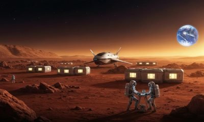 Vista épica de uma colônia humana futurista em Marte, com habitats modulares e astronautas trabalhando, simbolizando o desafio e a conquista de como colonizar Marte.