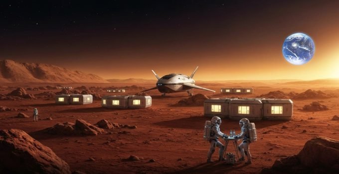 Vista épica de uma colônia humana futurista em Marte, com habitats modulares e astronautas trabalhando, simbolizando o desafio e a conquista de como colonizar Marte.