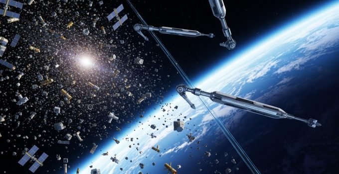 Tecnologias avançadas e robôs espaciais em ação, demonstrando como mitigar o lixo espacial e limpar a órbita da Terra, protegendo satélites e futuras missões.