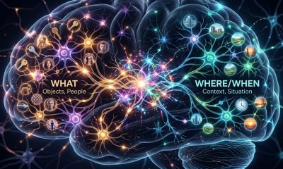 Ilustração de neurônios cerebrais conectando-se para mostrar como o cérebro armazena memórias, com grupos distintos para conteúdo e contexto.