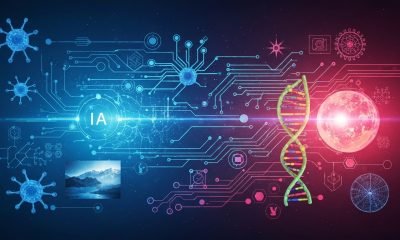 Ilustração futurista e dinâmica que representa inovações em IA, biotecnologia e exploração espacial, mostrando como os avanços científicos e tecnológicos estão moldando o futuro.