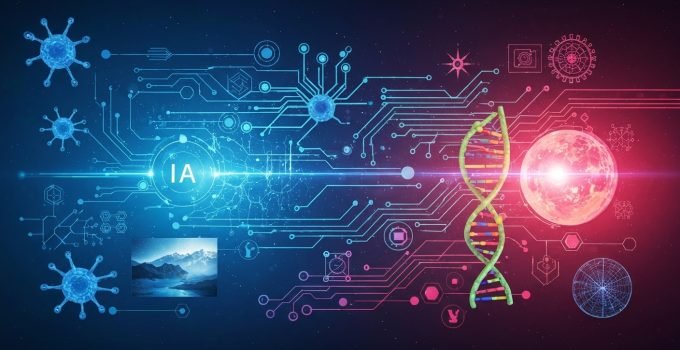 Ilustração futurista e dinâmica que representa inovações em IA, biotecnologia e exploração espacial, mostrando como os avanços científicos e tecnológicos estão moldando o futuro.