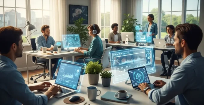 Profissional colaborando em ambiente remoto, explorando o futuro do trabalho remoto.