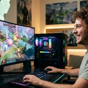 Jogador de PC desfrutando de jogo fluido com pré-compilação de shaders do Nvidia App.