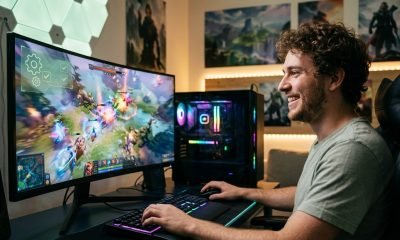 Jogador de PC desfrutando de jogo fluido com pré-compilação de shaders do Nvidia App.