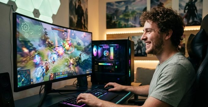 Jogador de PC desfrutando de jogo fluido com pré-compilação de shaders do Nvidia App.