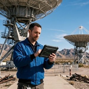 Erik Richards, engenheiro da NASA, em frente às antenas do White Sands Test Facility, simbolizando a complexidade da Comunicação da Missão Artemis II.