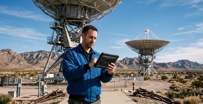 Erik Richards, engenheiro da NASA, em frente às antenas do White Sands Test Facility, simbolizando a complexidade da Comunicação da Missão Artemis II.