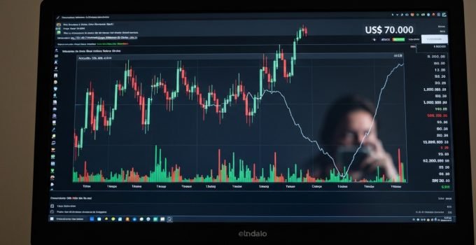 Gráfico de cotação do Bitcoin em queda abaixo de US$ 70 mil em um monitor.