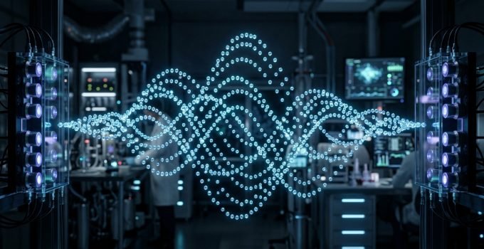 Um cristal do tempo inovador, composto por minúsculas esferas levitadas por ondas sonoras em um laboratório futurista, desafiando as leis da física.