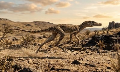 Reconstrução artística do Galahadosuchus jonesi, um crocodilo pré-histórico corredor, com pernas longas e corpo esguio, correndo em um ambiente seco do Triássic