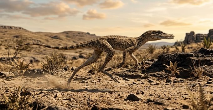 Reconstrução artística do Galahadosuchus jonesi, um crocodilo pré-histórico corredor, com pernas longas e corpo esguio, correndo em um ambiente seco do Triássic