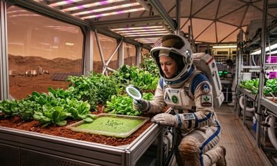 Um botânico astronauta examina plantas verdes crescendo em um simulante de regolito marciano dentro de uma estufa futurista, simbolizando o avanço do cultivo em Marte.