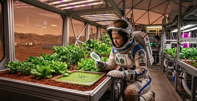 Um botânico astronauta examina plantas verdes crescendo em um simulante de regolito marciano dentro de uma estufa futurista, simbolizando o avanço do cultivo em Marte.
