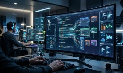 Interface futurista do ambiente de codificação da Cursor exibindo o Cursor Composer 2 em ação, com um desenvolvedor focado no trabalho, simbolizando a eficiência e o avanço da IA n