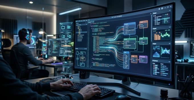 Interface futurista do ambiente de codificação da Cursor exibindo o Cursor Composer 2 em ação, com um desenvolvedor focado no trabalho, simbolizando a eficiência e o avanço da IA n