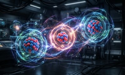 Visualização atômica em tempo real de um trímero de néon e criptônio, mostrando o movimento dinâmico dos átomos que precede e influencia o dano por radiação.