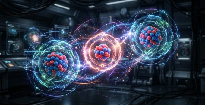 Visualização atômica em tempo real de um trímero de néon e criptônio, mostrando o movimento dinâmico dos átomos que precede e influencia o dano por radiação.